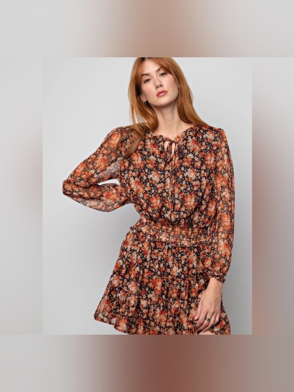 easel Black Floral Long-Sleeve Shirred-Waist Dress with Pink and Orange Blooms